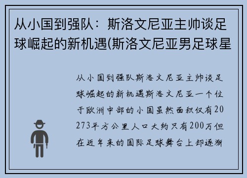 从小国到强队：斯洛文尼亚主帅谈足球崛起的新机遇(斯洛文尼亚男足球星)