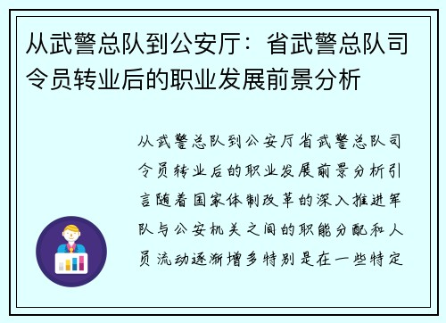 从武警总队到公安厅：省武警总队司令员转业后的职业发展前景分析