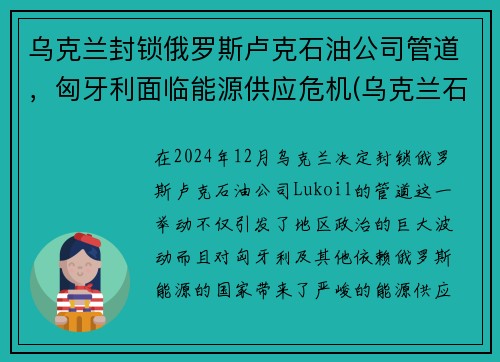 乌克兰封锁俄罗斯卢克石油公司管道，匈牙利面临能源供应危机(乌克兰石油储量)