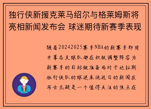 独行侠新援克莱马绍尔与格莱姆斯将亮相新闻发布会 球迷期待新赛季表现