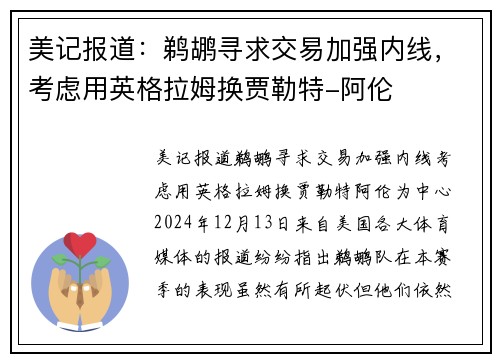 美记报道：鹈鹕寻求交易加强内线，考虑用英格拉姆换贾勒特-阿伦