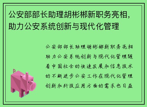 公安部部长助理胡彬郴新职务亮相，助力公安系统创新与现代化管理