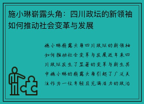 施小琳崭露头角：四川政坛的新领袖如何推动社会变革与发展